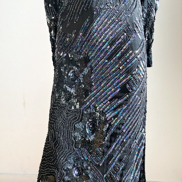 Vintage Silk Fully Beaded Geometric Floral Print Tunic Dress S - Picture 5 of 9